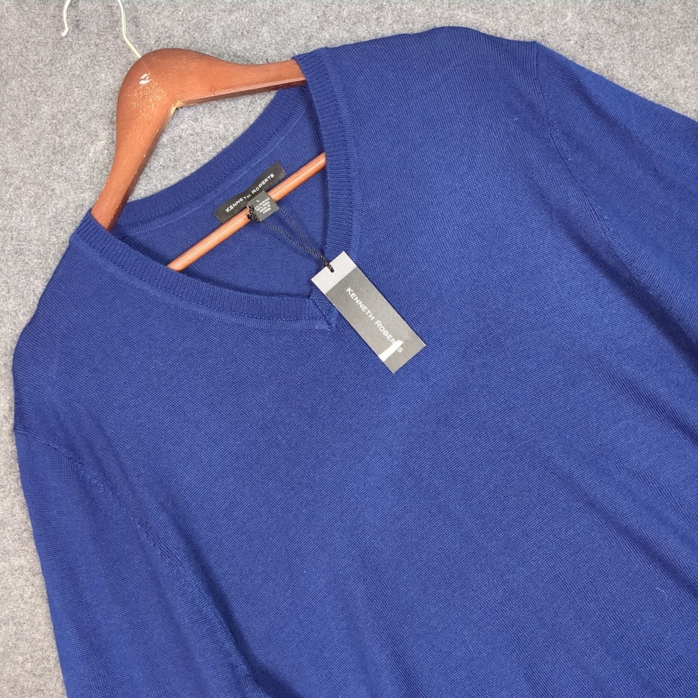 Kenneth Roberts Mens Blue V-Neck Wool Blend Fine Knit Sweater‎ Size L NWT